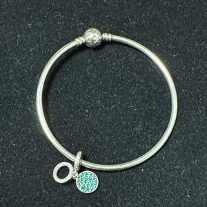 Pandora Sterling Silver Bangle Bracelet. With 
Green Disc
Double Dangle Charm